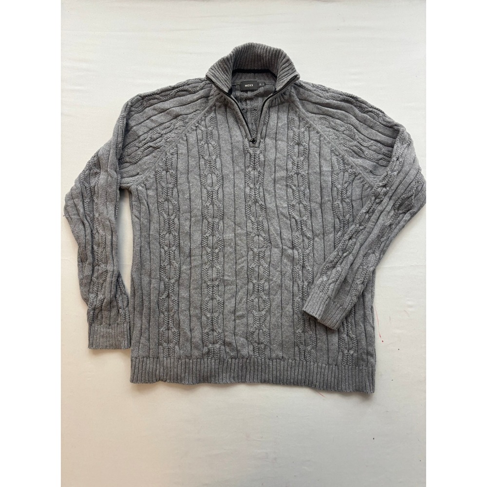 Mexx Mens Grey Cable Knit Quarter Zip Sweater Mock Neck Raglan Pullover Size L